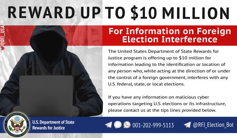 Mỹ treo thưởng 10 triệu USD cho việc phát hiện tin tặc tham gia vào cuộc bầu cử