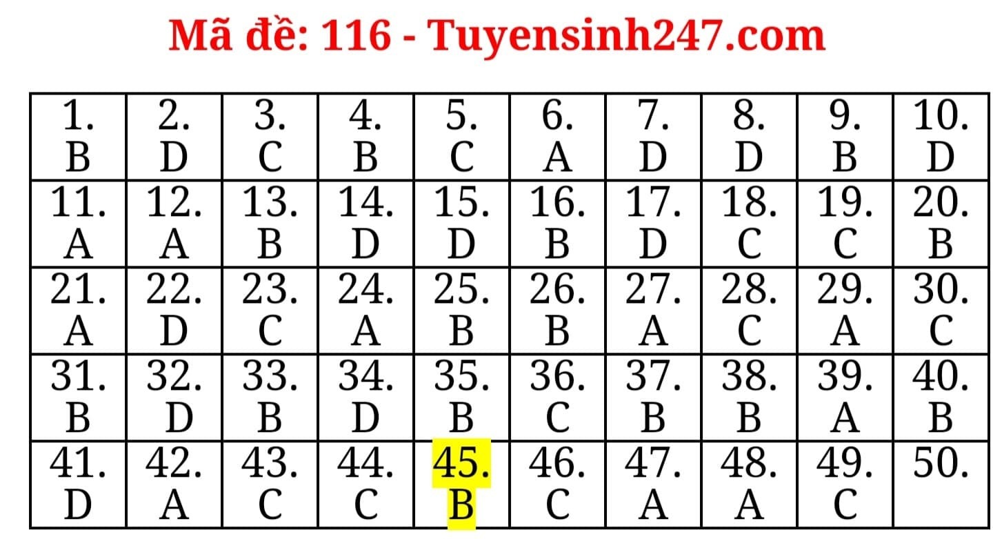 Đáp án môn toán thi tốt nghiệp THPT 2020