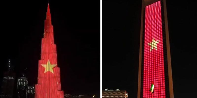 Quốc kỳ Việt Nam rực sáng trên tòa tháp cao nhất thế giới