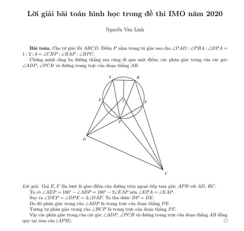 Lời giải bài toán hình học trong đề thi Olympic Toán quốc tế 2020