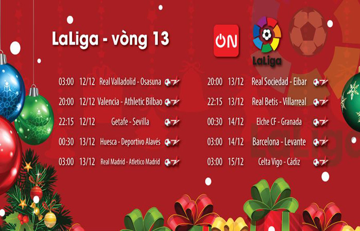 Lịch thi đấu bóng đá La Liga vòng 13