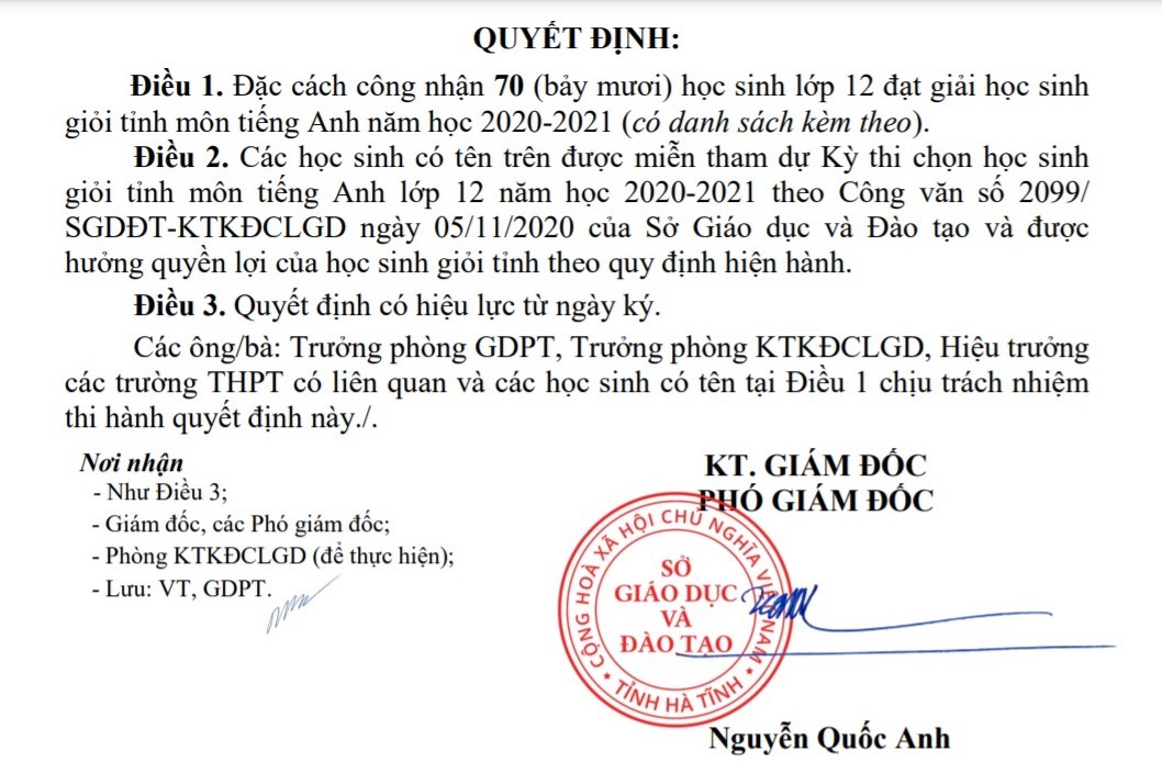 Đạt 6.5 IELTS trở lên, 70 học sinh ở Hà Tĩnh được đặc cách là HSG cấp tỉnh