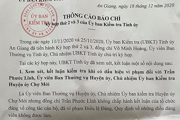 Chủ nhiệm UB Kiểm tra Huyện ủy ở An Giang bị kỷ luật