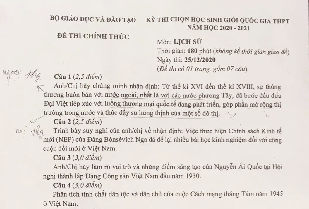 Đề thi học sinh giỏi quốc gia môn Lịch sử