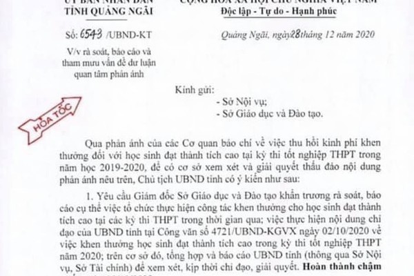 Chủ tịch Quảng Ngãi chỉ đạo khẩn vụ thu hồi 3,5 tỷ đồng khen thưởng học sinh