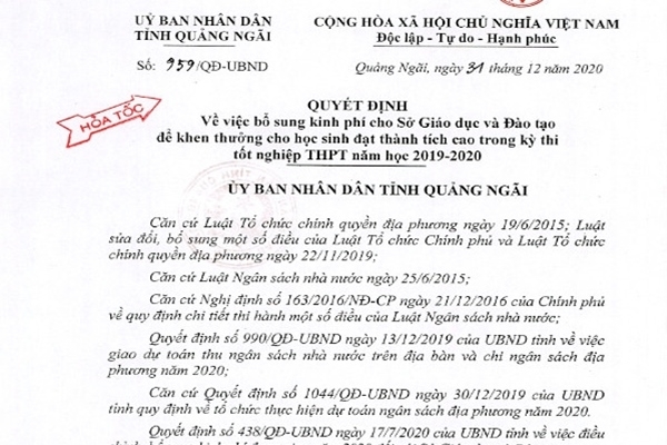 Quảng Ngãi quyết định cấp lại 3,5 tỷ khen thưởng cho học sinh