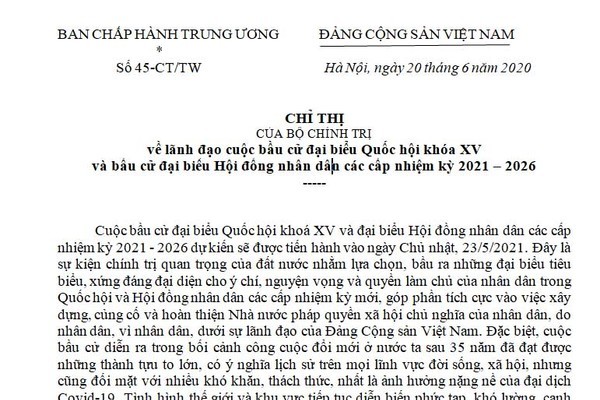 Chỉ thị của Bộ Chính trị về lãnh đạo cuộc bầu cử ĐBQH khóa XV và bầu cử HĐND các cấp nhiệm kỳ 2021-2026