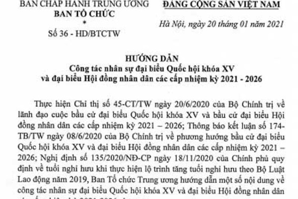 Hướng dẫn công tác nhân sự đại biểu Quốc hội khóa XV và đại biểu HĐND các cấp nhiệm kỳ 2021-2026