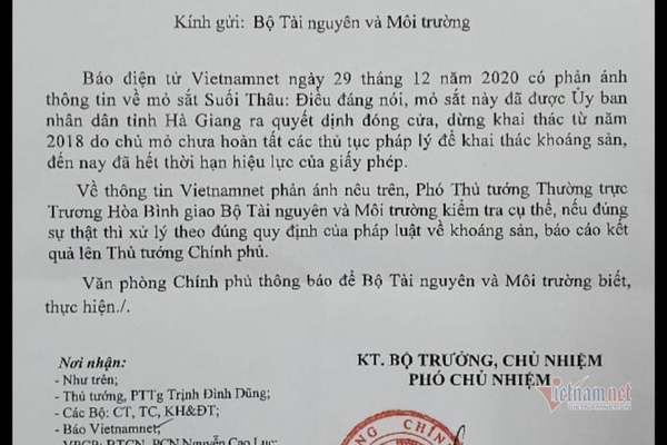 Văn phòng Chính phủ giao Bộ TN&MT xử lý thông tin về mỏ sắt Suối Thâu