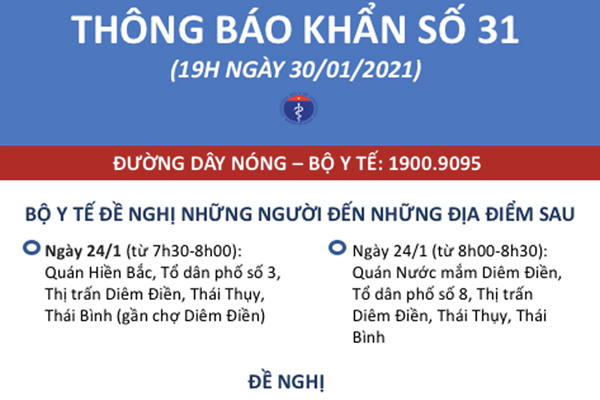 Bộ Y tế thông báo khẩn tìm người đến 2 địa điểm ở Thái Bình