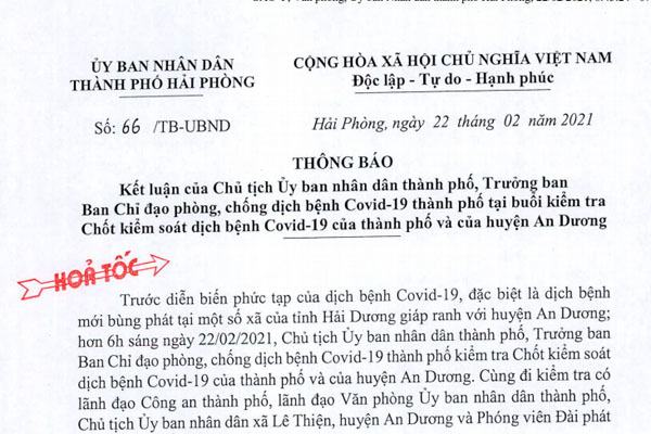 Chỉ đạo của UBND TP Hải Phòng về phòng chống dịch Covid-19
