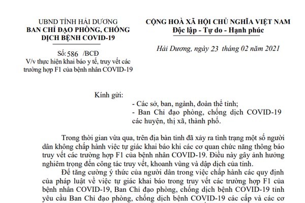 Chỉ đạo của Hải Dương về thực hiện khai báo y tế, truy vết các truờng hợp F1 của bệnh nhân Covid-19