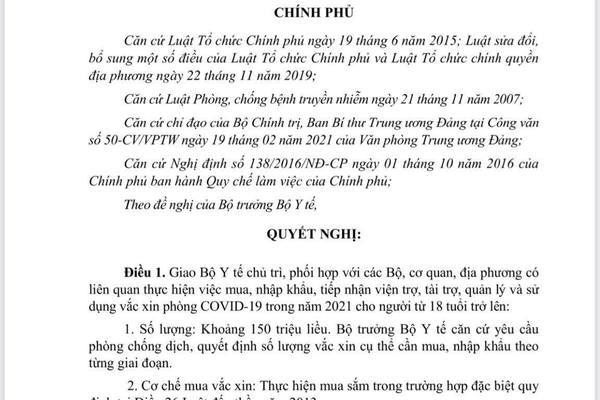 Nghị quyết về mua và sử dụng vắc-xin phòng Covid-19
