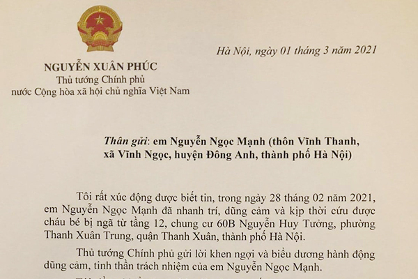 Toàn văn thư Thủ tướng Nguyễn Xuân Phúc khen ngợi anh Nguyễn Ngọc Mạnh