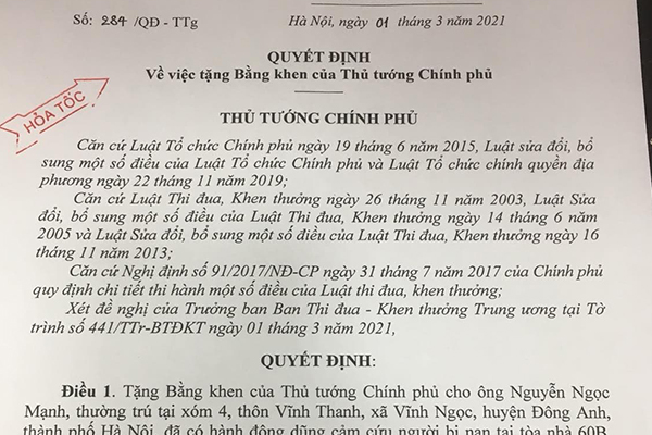 Quyết định tặng bằng khen của Thủ tướng đối với anh Nguyễn Ngọc Mạnh