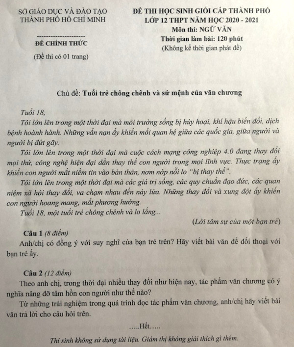 Giáo viên hứng thú với đề thi học sinh giỏi bàn về 'tuổi 18 chông chênh' của TP.HCM