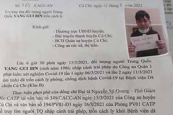 Công an truy tìm người Trung Quốc trốn cách ly khỏi Bệnh viện dã chiến Củ Chi