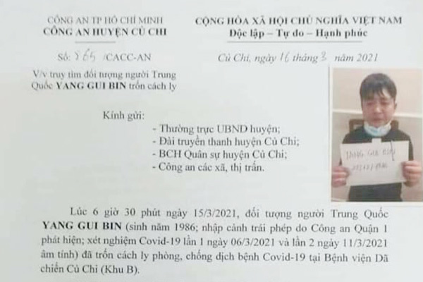 TP.HCM truy tìm một người Trung Quốc trốn khỏi khu cách ly