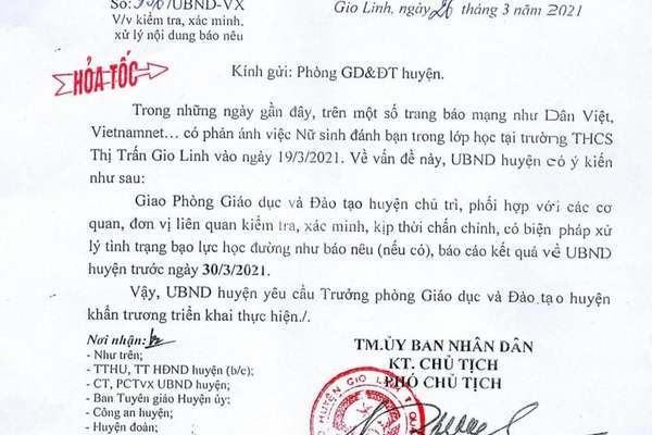 Chỉ đạo làm rõ vụ nữ sinh Quảng Trị tát bạn gần 5 phút trên bục giảng