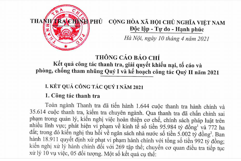 Thông cáo báo chí kết quả công tác thanh tra quý I năm 2021 của Thanh tra Chính phủ