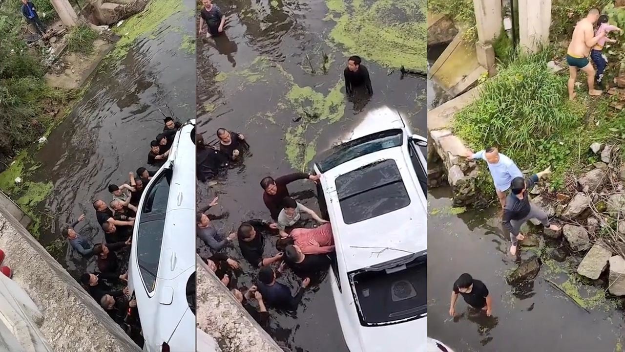 Hò nhau lật ô tô dưới sông giải cứu người mắc kẹt