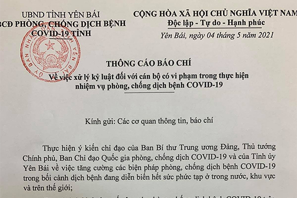 Kỷ luật cảnh cáo Giám đốc Trung tâm Y tế thành phố Yên Bái