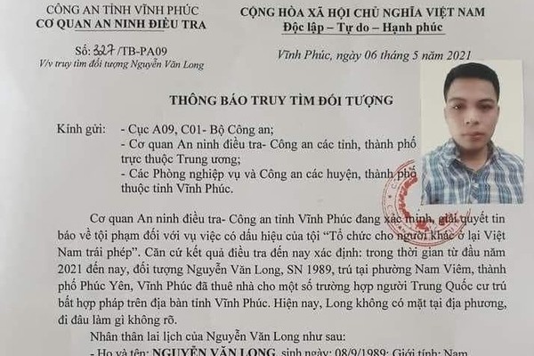Công an Vĩnh Phúc truy tìm kẻ tổ chức cho người Trung Quốc sống 