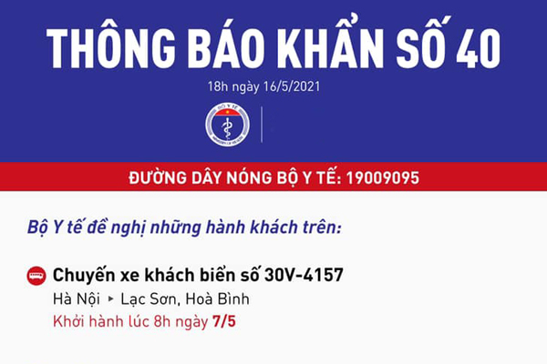 Bộ Y tế thông báo khẩn tìm người đi xe khách Hà Nội - Hoà Bình