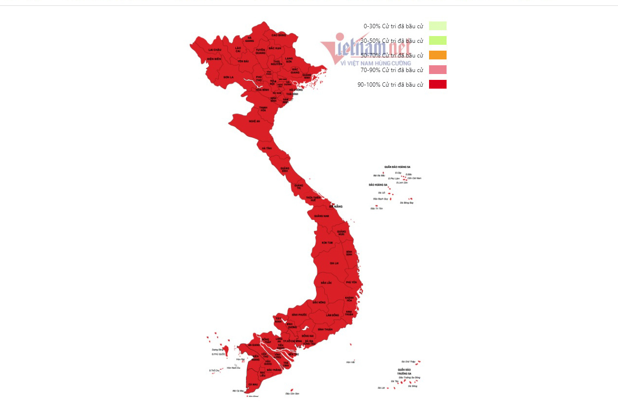 Chi tiết về số lượng cử tri của 63 tỉnh thành đã bỏ phiếu bầu cử
