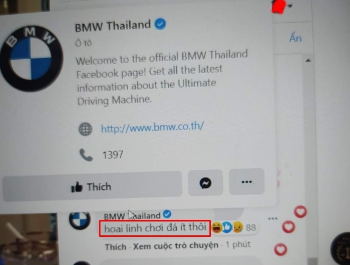 Fanpage BMW Thái Lan bình luận về Hoài Linh