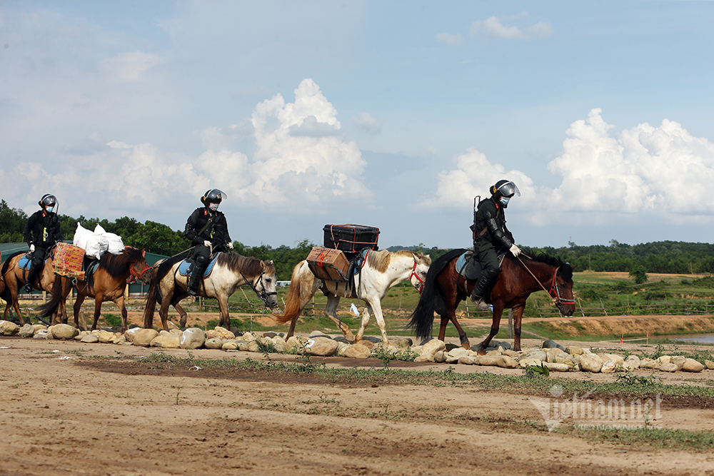 Cảnh sát kỵ binh đổ người bắn súng hai tay trên lưng ngựa