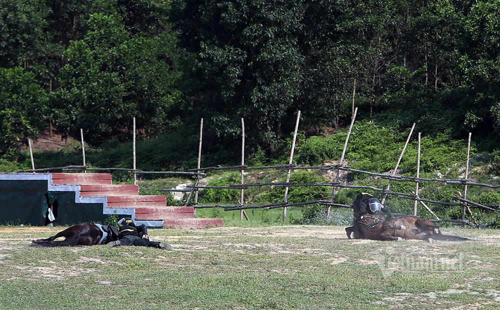 Cảnh sát kỵ binh đổ người bắn súng hai tay trên lưng ngựa