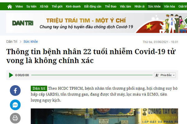 Đề nghị xử phạt báo điện tử Dân trí vì thông tin sai về Covid-19
