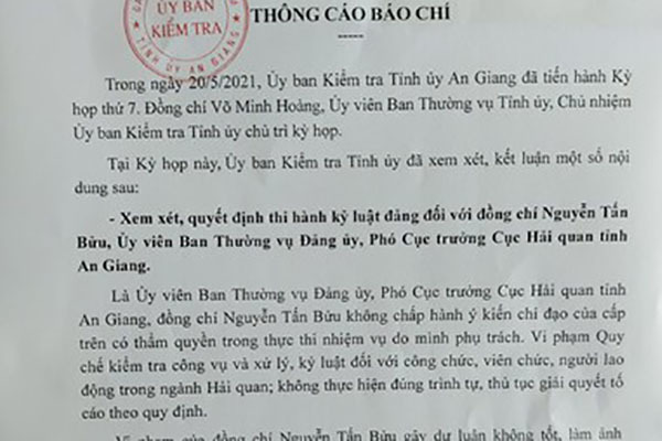 Phó cục trưởng Hải quan An Giang không chấp hành chỉ đạo của cấp trên