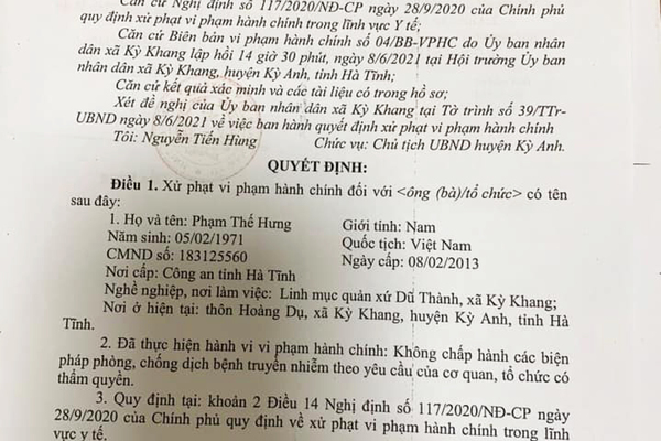 300 giáo dân hành lễ giữa mùa dịch: Phạt linh mục 7,5 triệu đồng
