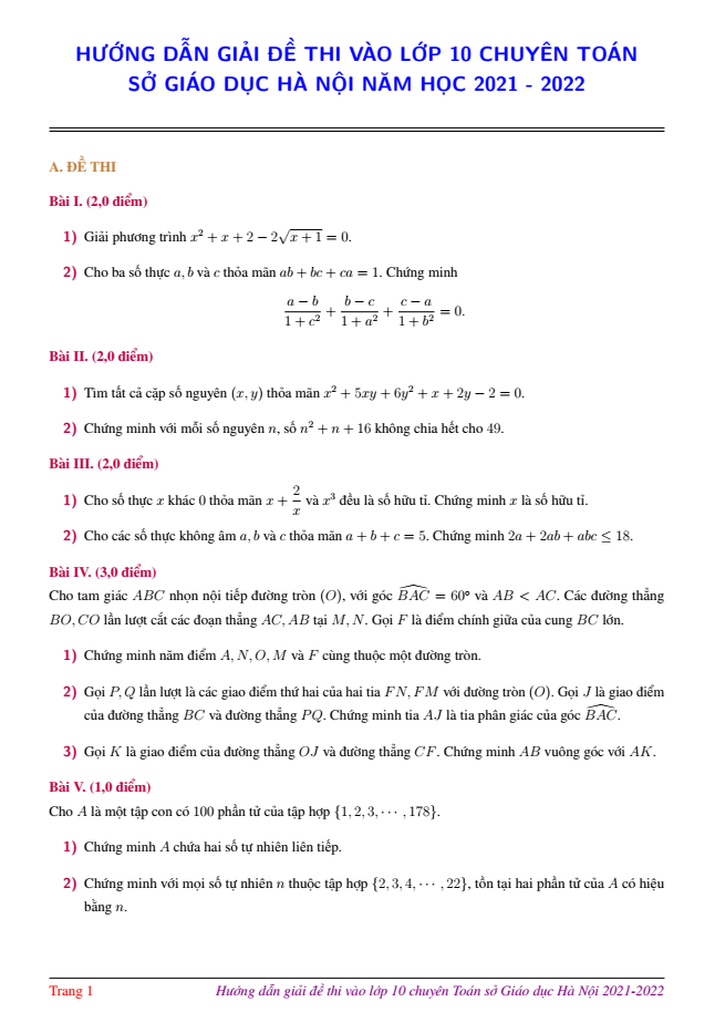 Lời giải đề thi vào lớp 10 chuyên Toán Hà Nội năm 2021