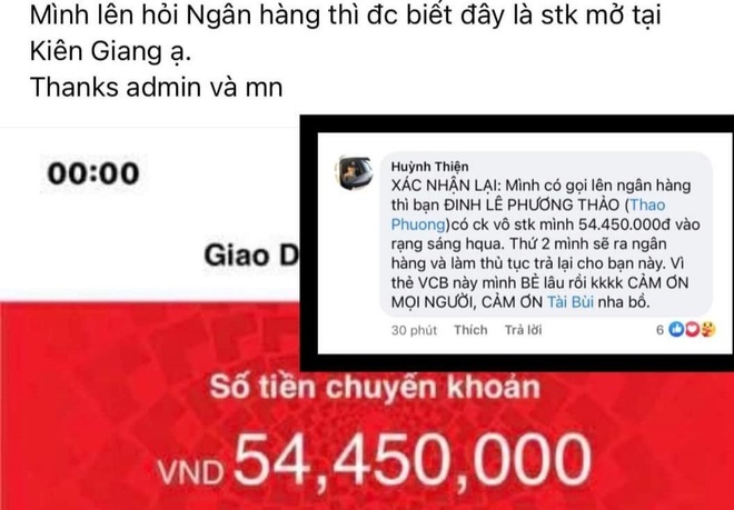 Một cá nhân trả lại hơn 50 triệu đồng cho tài khoản chuyển nhầm