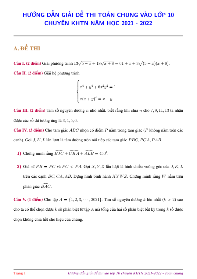Đáp án đề thi môn Toán vòng 1 vào lớp 10 trường THPT chuyên Khoa học Tự nhiên 2021