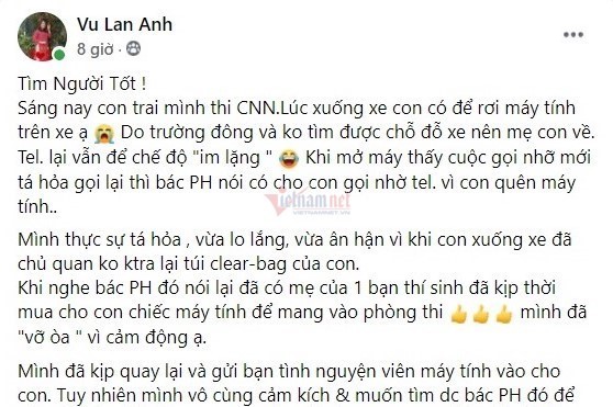 Con đi thi quên máy tính, người mẹ ấm lòng vì hành động của người lạ