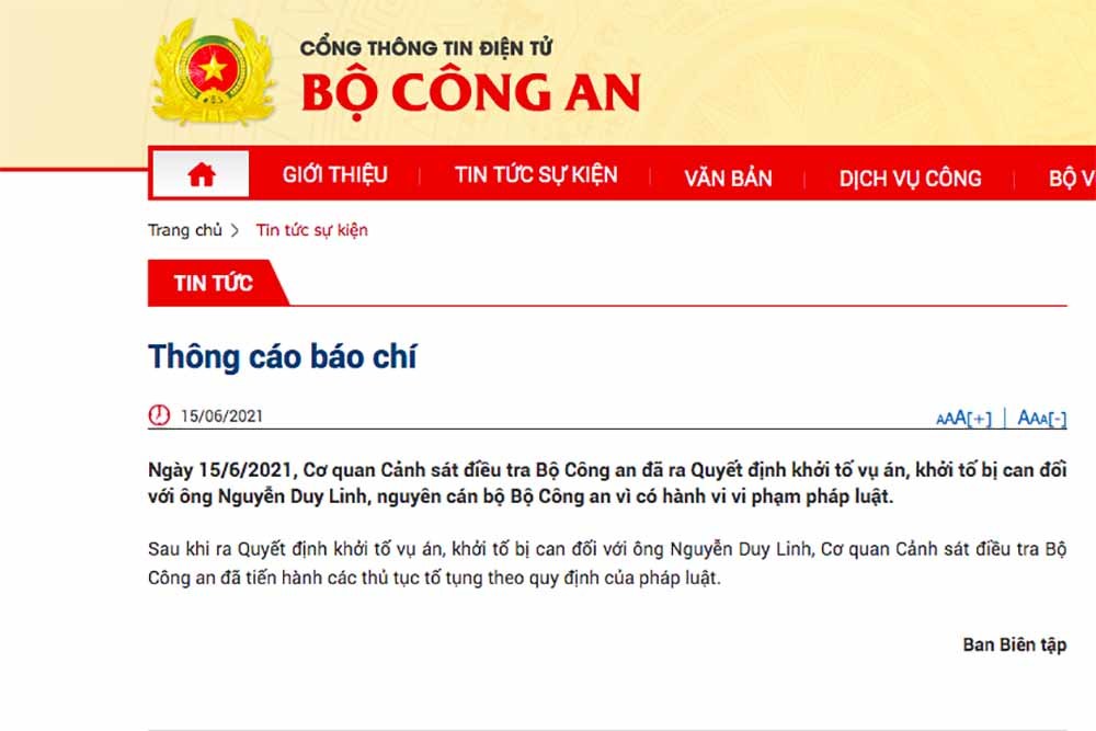 Khởi tố nguyên cán bộ Bộ Công an Nguyễn Duy Linh