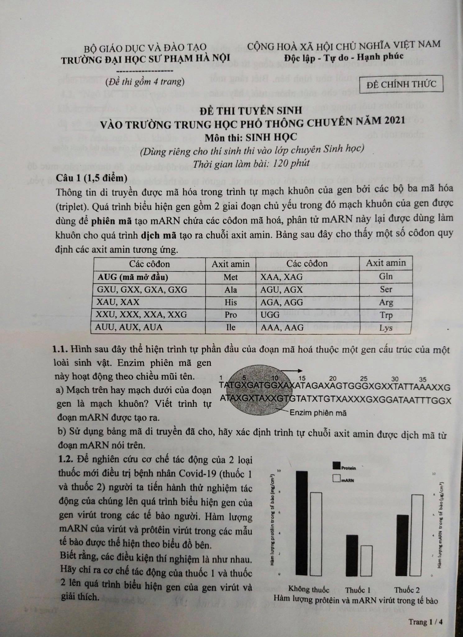 Đề thi chuyên môn Sinh học vào lớp 10 trường Chuyên Sư phạm 2021