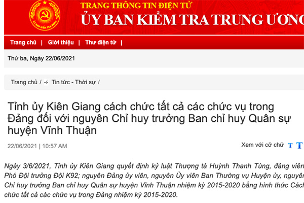 Tỉnh ủy Kiên Giang thi hành kỷ luật một Thượng tá quân đội