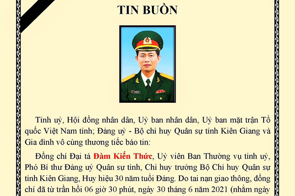 Chỉ huy trưởng Bộ Chỉ huy Quân sự tỉnh Kiên Giang qua đời do tại nạn giao thông
