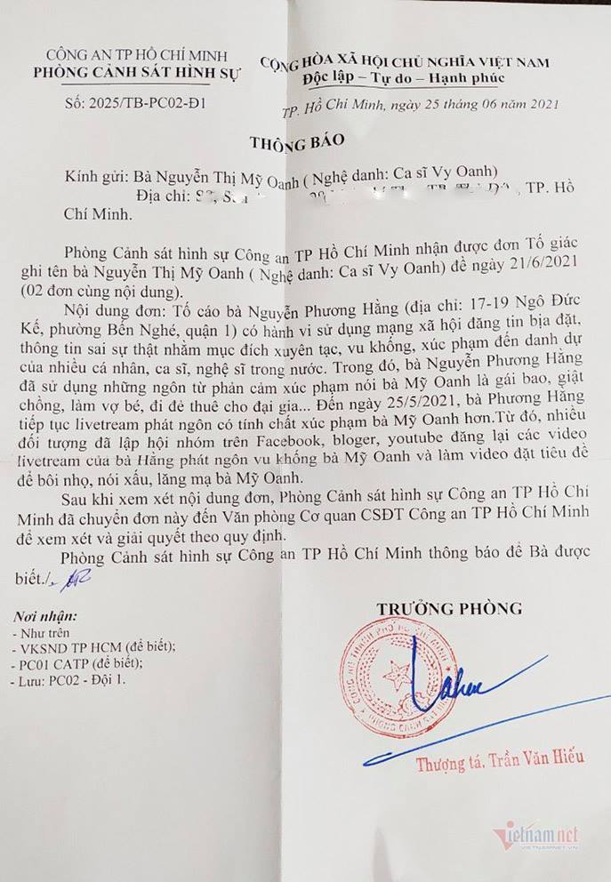 Vy Oanh nộp đơn tố cáo bà Nguyễn Phương Hằng