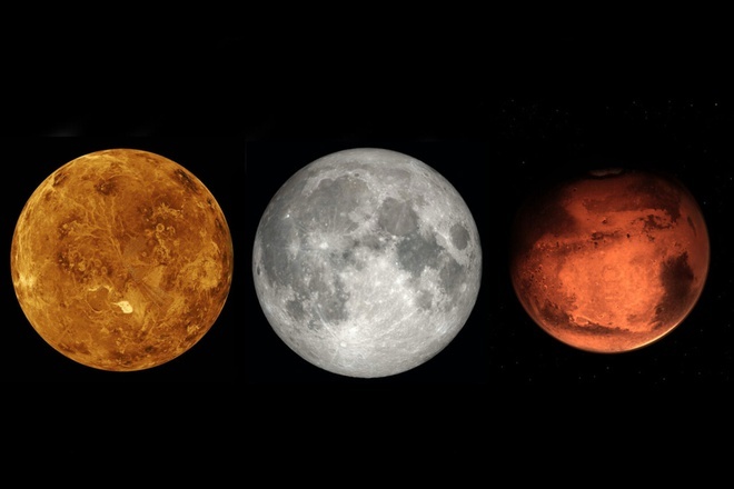 Tối nay, Mặt Trăng, Hỏa tinh và Kim tinh sẽ nằm trên một đường thẳng