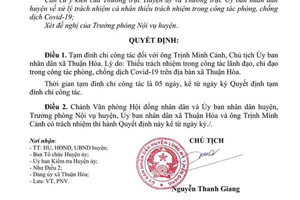 Chủ tịch UBND xã bị tạm đình chỉ do thiếu trách nhiệm trong chống dịch