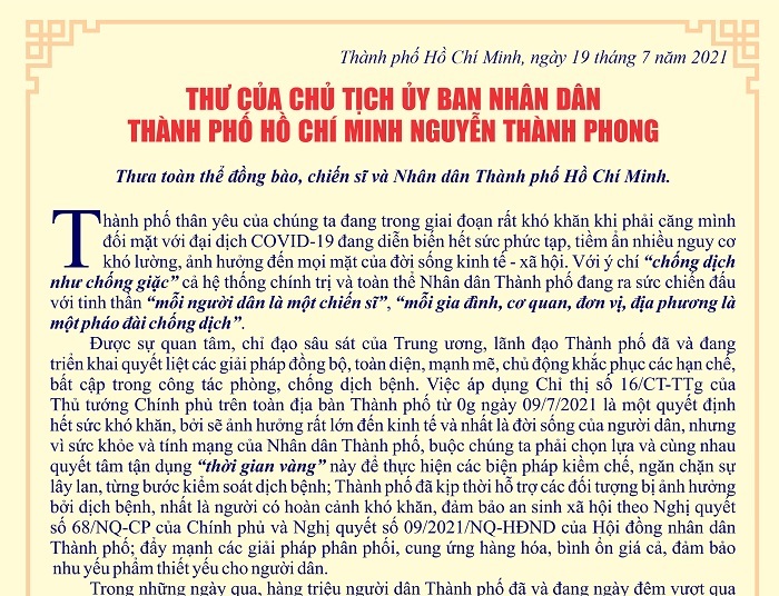 Chủ tịch TP.HCM gửi thư kêu gọi toàn dân đoàn kết chống dịch Covid-19
