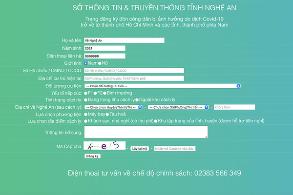 Địa chỉ đăng ký người về quê Nghệ An từ các tỉnh thành phía Nam