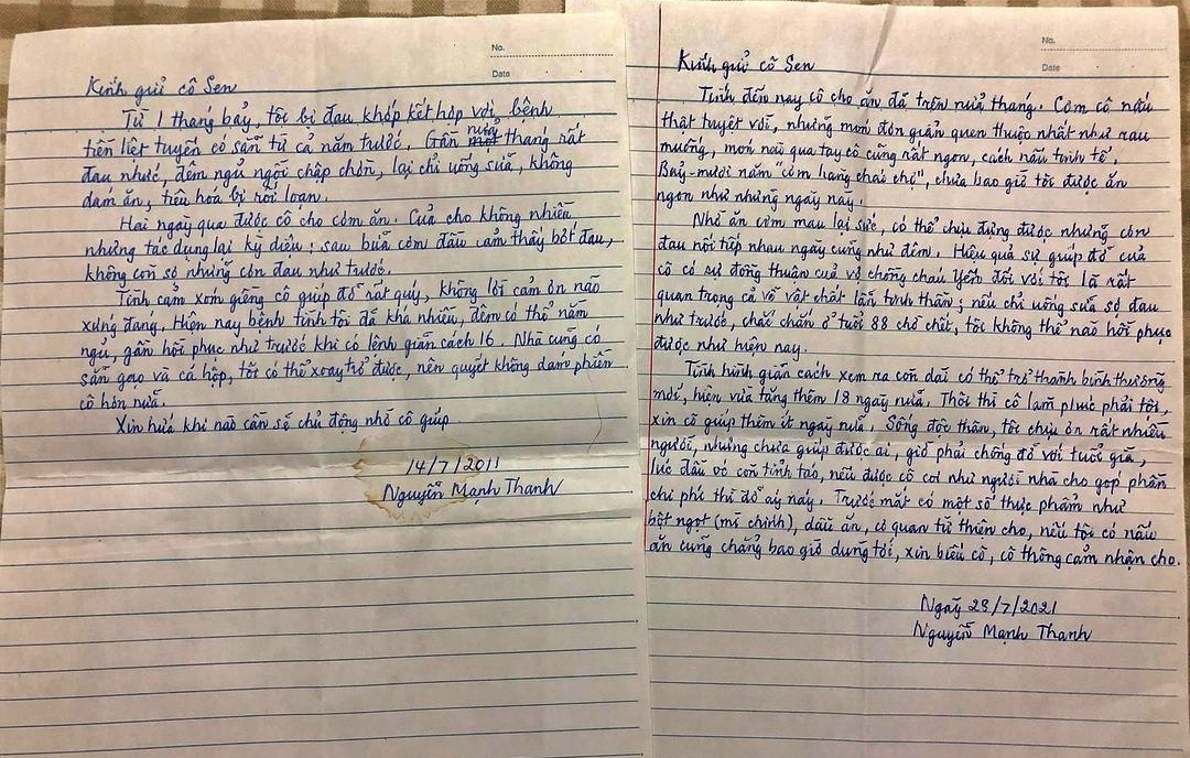 Bức thư cảm động của cụ ông gửi người hàng xóm nấu cơm cho mình