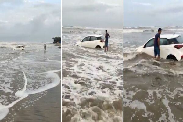 Lái Hyundai i20 đi dạo biển bất ngờ bị thủy triều 